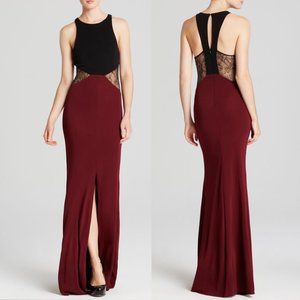 ABS Allen Schwartz Lace Illusion Maroon Maxi Gown